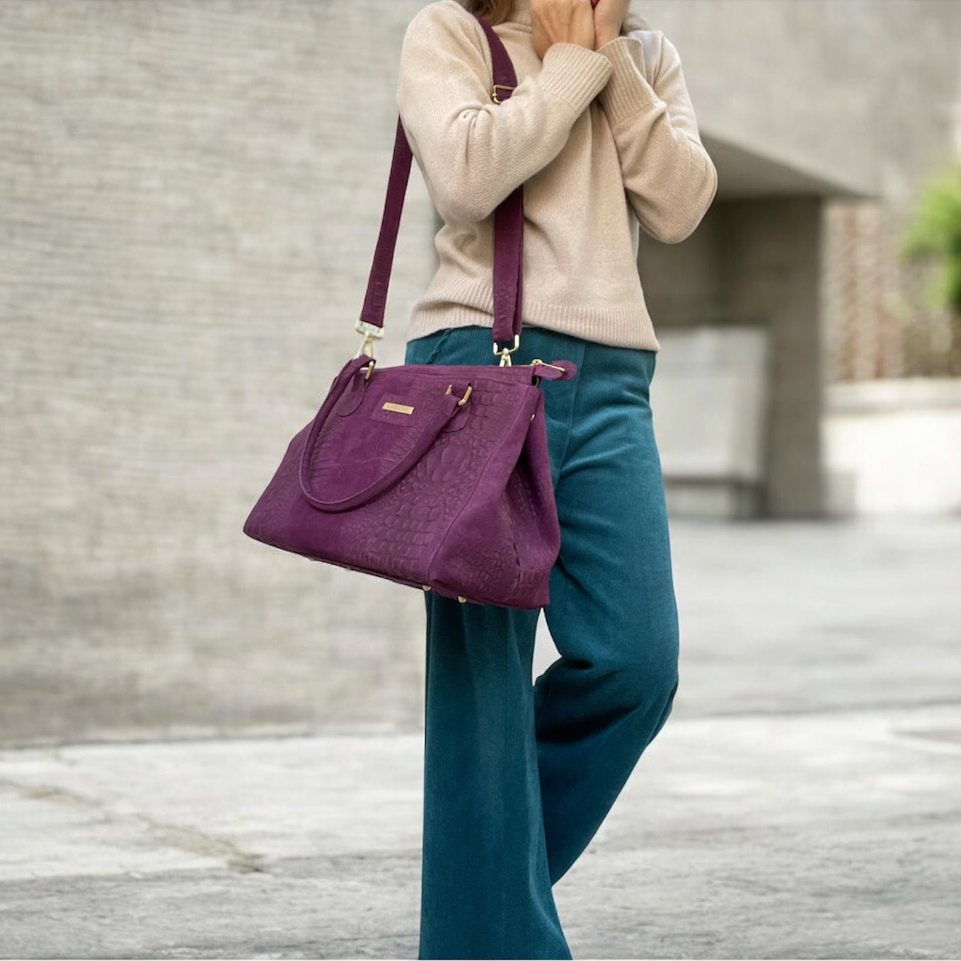 Lady Bag in suede e alligatore prugna