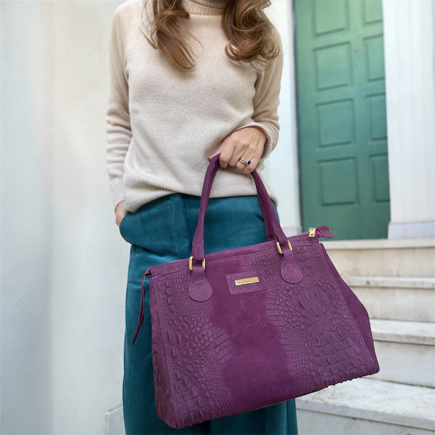 Lady Bag in suede e alligatore prugna