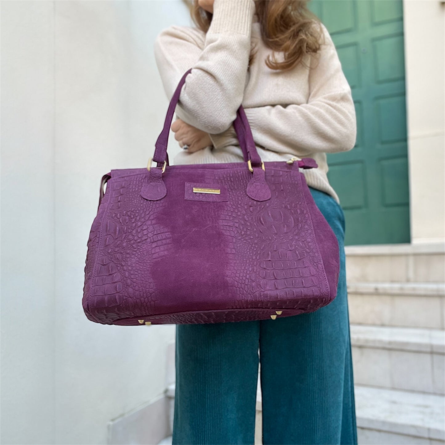 Lady Bag in suede e alligatore prugna