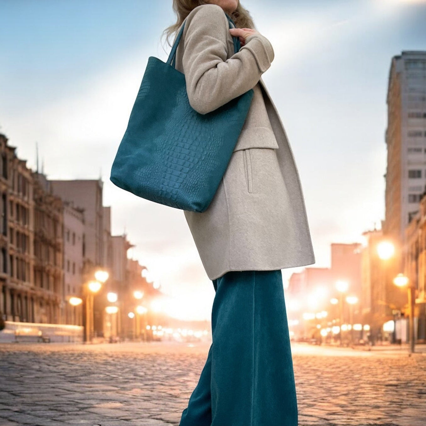Weekly in suede e alligatore ottanio