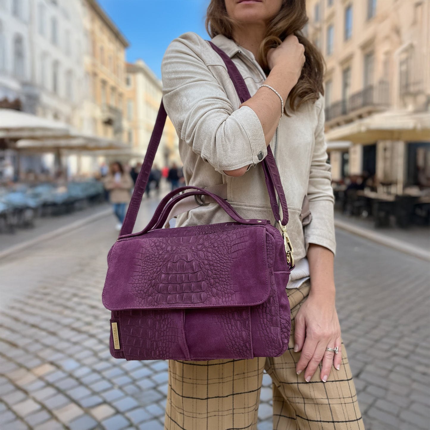 Pepita suede prugna